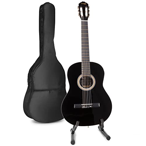 MAX SoloArt akustische Gitarre mit Tasche und Gitarrrenständer, Stimmgerät, Plektrum, Gurt und Zubehör - Spanische Akustik-Gitarre für Anfänger, Konzertgitarre in Schwarz von MAX