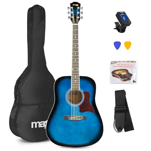 MAX SoloJam Westerngitarre, Akustik Gitarre Set, Acoustic Guitar, Akustikgitarre 4/4 mit Tasche, Plektrum, Stimmgerät, Schultergurt und Stahlsaiten, Anfängergitarre in Blau von MAX