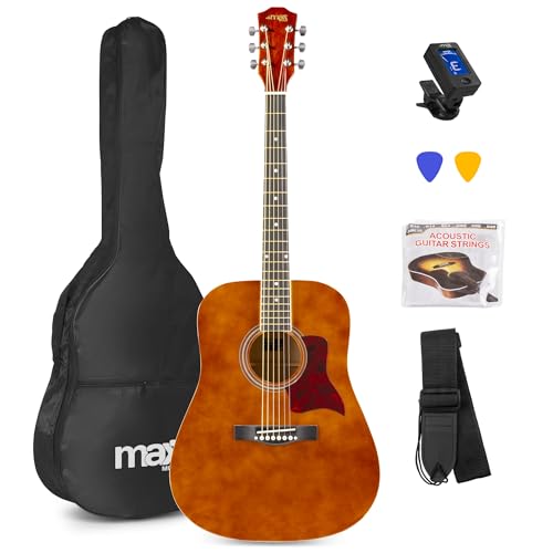 MAX SoloJam Westerngitarre, Akustik Gitarre Set, Acoustic Guitar, Akustikgitarre 4/4 mit Tasche, Plektrum, Stimmgerät, Schultergurt und Stahlsaiten, Anfängergitarre in Braun von MAX