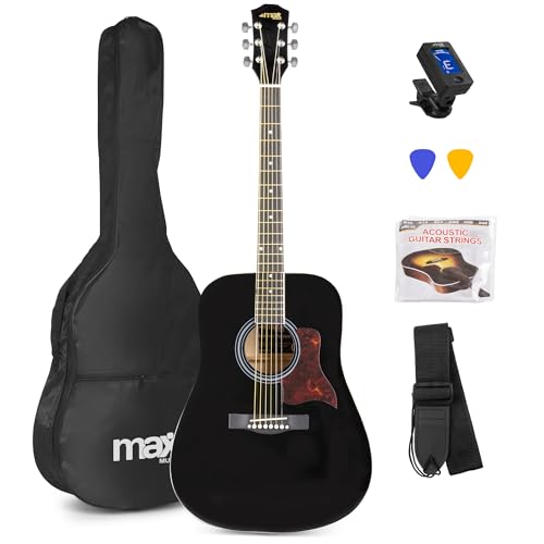 MAX SoloJam Westerngitarre, Akustik Gitarre Set, Acoustic Guitar, Akustikgitarre 4/4 mit Tasche, Plektrum, Stimmgerät, Schultergurt und Stahlsaiten, Anfängergitarre in Schwarz von MAX