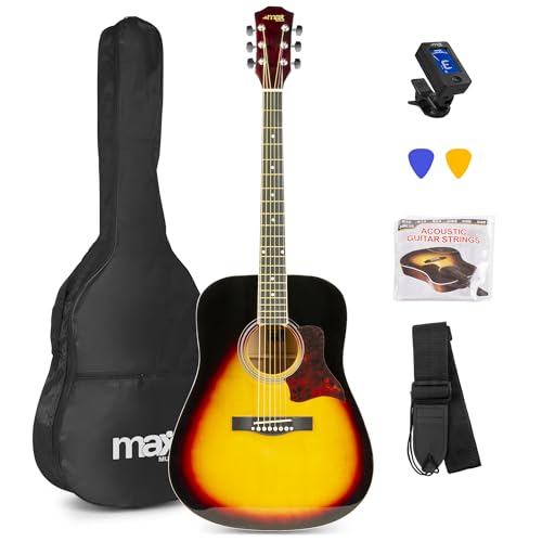 MAX SoloJam Westerngitarre, Akustik Gitarre Set, Acoustic Guitar, Akustikgitarre 4/4 mit Tasche, Plektrum, Stimmgerät, Schultergurt und Stahlsaiten, Anfängergitarre in Sunburst von MAX