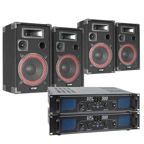 MAX XEN-3508 - Lautsprecher 4er Set mit 2 Verstärker - DJ Boxen Set, Lautsprecher-Set 1000 Watt, inkl. Kabel PA Anlage, Filzbeschichtung, PA Lautsprecher mit Verstärker von MAX