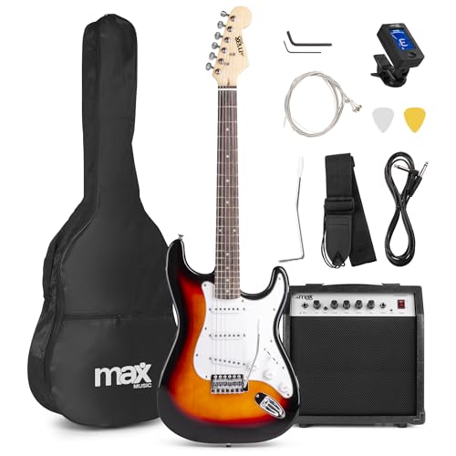 Max GigKit E Gitarre Set, E Guitar, Elektrogitarre mit Verstärker 40 Watt, Gitarrentasche, Plektrum, Gurt, Stimmgerät, Instrumentenkabel, Ersatzsaiten, 4/4 Electric Guitar, E Gitarren Set Sunburst von MAX