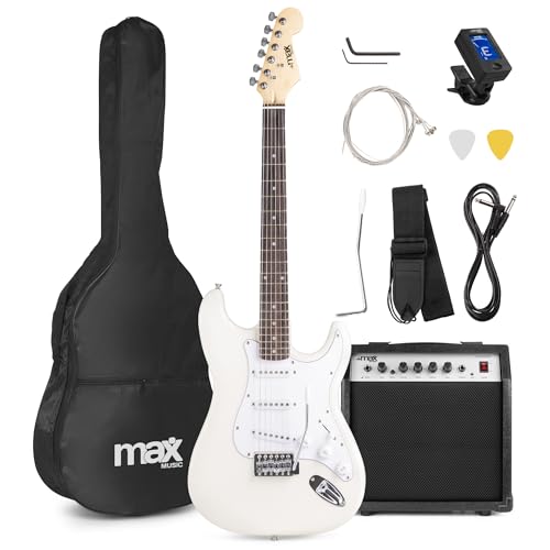 Max GigKit E Gitarre Set, E Guitar, Elektrogitarre mit Verstärker 40 Watt, Gitarrentasche, Plektrum, Gurt, Stimmgerät, Instrumentenkabel, Ersatzsaiten, 4/4 Electric Guitar, E Gitarren Set in Weiß von MAX