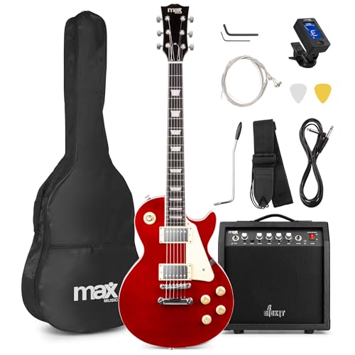 Max GigKit LP Style E Gitarre, E Gitarren Set mit Gitarrenverstärker, Tasche, Plektrum, Stimmgerät, Instrumentenkabel, Ersatzsaiten, Gitarrengurt, 22 Bünde - Rot von MAX