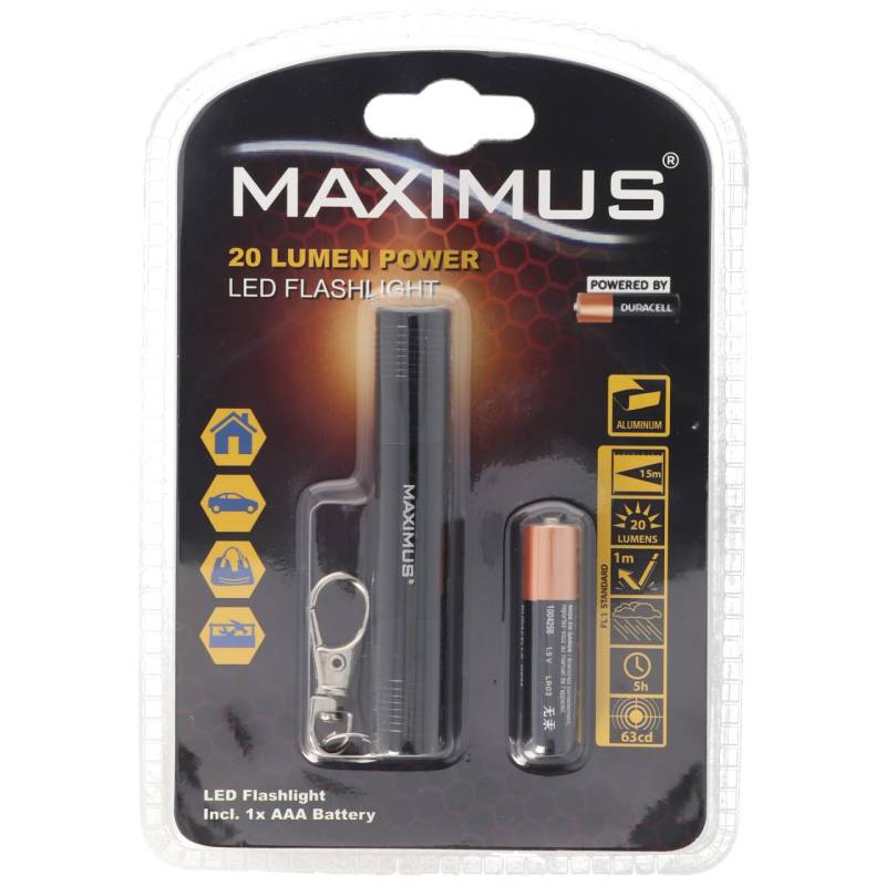 20 Lumen Miniatur LED-Taschenlampe im Stiftformat inklusive Schlüsselring, Karabiner und Batterie von MAXIMUS