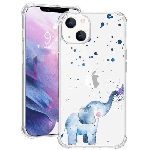 MAYCARI Cute Painting Blue Elephant Case Clear for iPhone 15 Pro 6.1 Inch, Art Animals Pattern Transparent Shockproof Anti-Scratch Soft TPU Cover with Air Cushion for iPhone 15 Pro von MAYCARI