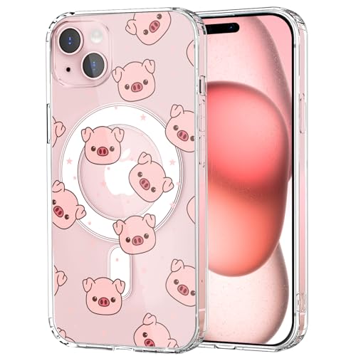 MAYCARI Magnetische Hülle für iPhone 15 Pro, süßes klares rosa Schwein-Design, kompatibel mit MagSafe, schlanke transparente Handyhülle für Mädchen und Frauen, weiche TPU-harte Rückseite, Schutzhülle von MAYCARI