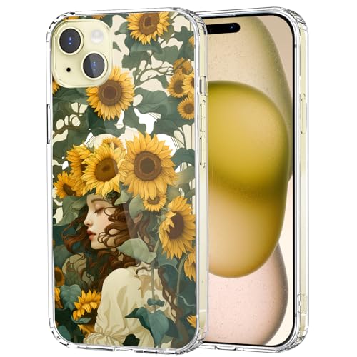 MAYCARI Magnetische Schutzhülle für iPhone 15, süßes klares Sonnenblumenmädchen-Design, kompatibel mit MagSafe, schlanke transparente Handyhülle für Mädchen und Frauen, weiche TPU-Hartschale für von MAYCARI