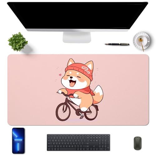 MAYCARI Schreibtischunterlage 60x30 cm PU Leder Rutschfeste Schreibtischmatte Mauspad Große Unterlagenmatte für Laptop Office Desktopschutz, Rosa+Corgi von MAYCARI