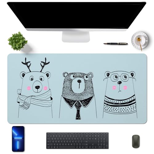 MAYCARI Schreibtischunterlage 80x40 cm PU Leder Rutschfeste Schreibtischmatte Mauspad Große Unterlagenmatte für Laptop Office Desktopschutz, Blau+Bären von MAYCARI