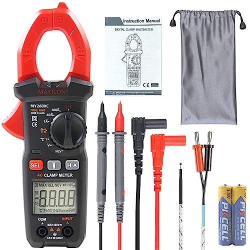 Strommesszange, MAYILON MY2600C Strommessgerät Auto-Ranging Stromzange, Multimeter misst AC/DC Spannung, AC Strom 600A, NCV, Kapazität, Kontinuität, Widerstand, Diode, Temperatur von MAYILON