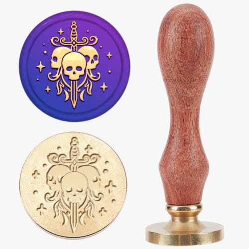 MAYJOYDIY Wachssiegelstempel Mit Schwert Totenkopf 25mm Halloween Stern Magische Siegelwachsstempel Abnehmbares Skelett Thema Messingkopf Holzgriff Für Umschläge Einladungen Geschenkverpackungen von MAYJOYDIY