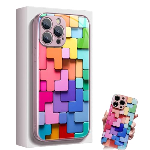 Flache 3D-Glashülle mit quadratischem Muster für iPhone 12 13 14 15 promax Hülle,Bunte Bausteine-Muster-Handyhülle, Coole Bunte Handyhülle, stoßfester Schutz (Rosa,14 Pro max) von MAYNUO