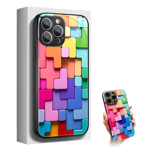Flache 3D-Glashülle mit quadratischem Muster für iPhone 12 13 14 15 promax Hülle,Bunte Bausteine-Muster-Handyhülle, Coole Bunte Handyhülle, stoßfester Schutz (Schwarz,15 Pro max) von MAYNUO