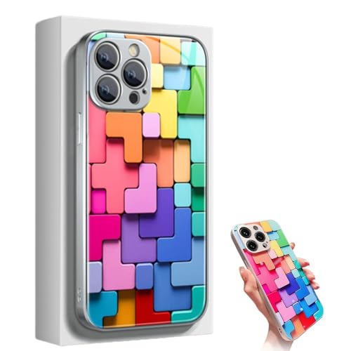 Flache 3D-Glashülle mit quadratischem Muster für iPhone 12 13 14 15 promax Hülle,Bunte Bausteine-Muster-Handyhülle, Coole Bunte Handyhülle, stoßfester Schutz (Silber,14 Pro) von MAYNUO