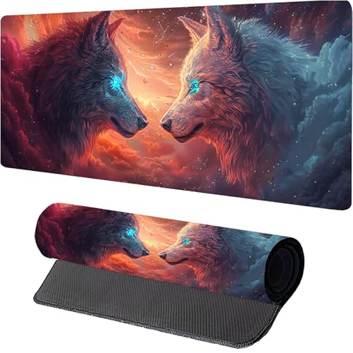 Rot Gaming Mauspad, Wolf Mousepad XXL 1500 x 800mm, Schreibtischunterlage mit Genähten Kanten, Desk Mat mit Rutschfester Gummibasis, Großes Mauspad für Gaming Zubehör, Geschenke für Frauen G-9523 von MAYUPEOU