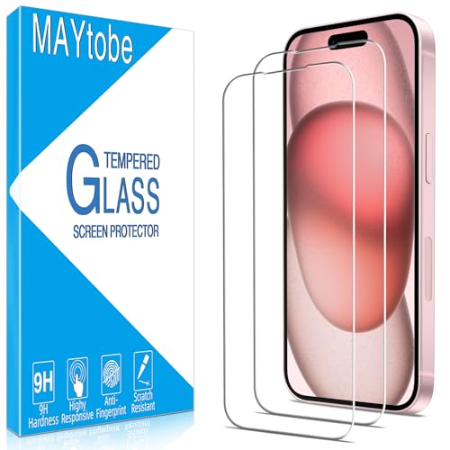 MAYtobe 2 Stück Schutzfolie für iPhone 15 (6,1 Zoll) HD Displayschutzfolie, Frei von Kratzern, 9H Härte Glas, 0.33mm Ultra-Klar, Blasenfrei, Ultrabeständig von MAYtobe