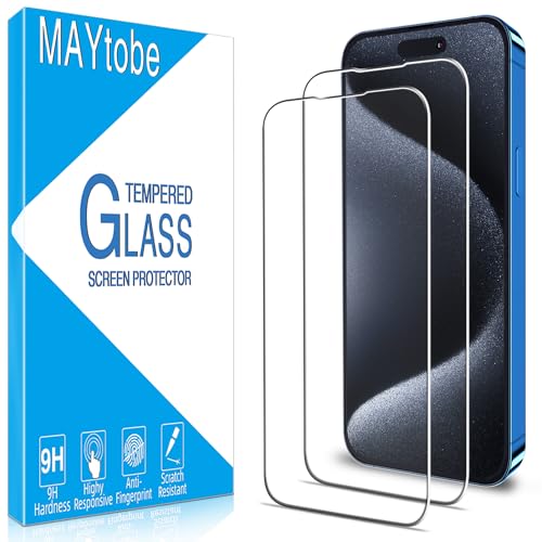 MAYtobe 2 Stück Schutzfolie für iPhone 15 Pro 6,1 Zoll Schutzglas, HD Displayschutzfolie, Anti-Kratzen, 9H Härte, Ultra-Klar, Ultrabeständig, Blasenfrei von MAYtobe