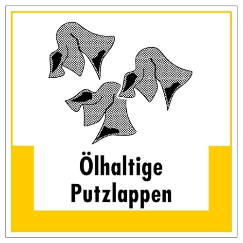 Aufkleber Hinweis Abfallkennzeichnung "Ölhaltige Putzlappen" Müllentsorgung Recycling Schild Folie selbstklebend, gelb | 5-40cm Made in Germany, Größe: 30x30 cm Aufkleber Hinweis Abfallkennzeichnung "Ölhaltige Putzlappen" Müllentsorgung Recycling Schild Folie selbstklebend, gelb | 5-40cm Made in Germany, Größe: 30x30 cm von MBS SIGNS