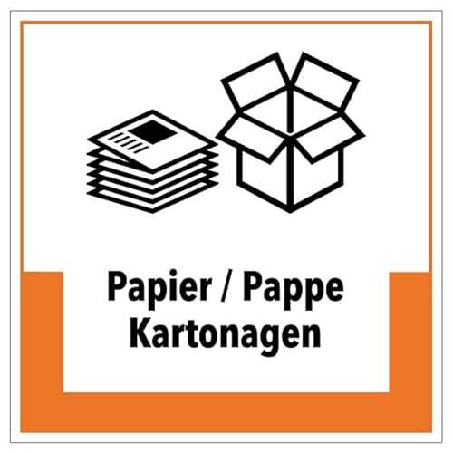 Aufkleber Hinweis Abfallkennzeichnung"Papier/Pappe Kartonagen" Müllentsorgung Recycling Schild Folie selbstklebend, orange | 5-40cm Made in Germany, Größe: 10x10 cm von MBS SIGNS