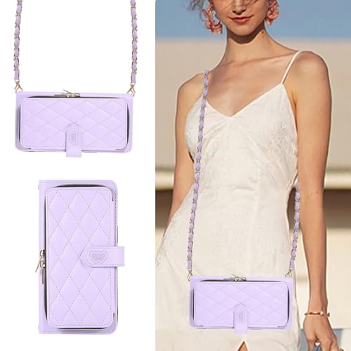 MBSLFY Handyhülle Google Pixel 8 Pro Hülle mit Band, Handykette Case Klappbar, Leder Klapphülle Handykette Flip 9-Karten Schutzhülle Magnet Handy Hülle mit Kette Umhängen (Hellviolett) von MBSLFY