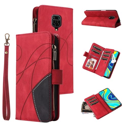 MBSLFY Handyhülle Leder für Xiaomi Redmi Note 9 Pro 4G/Note 9S 4G Hülle,Retro Reißverschluss Handytasche mit 9 Kartenfächer/Handschlaufe Geldbörse Trageband Schutzhülle Folio Wallet Case,Rot von MBSLFY