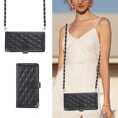 MBSLFY Handyhülle Samsung Galaxy A72 5G Hülle mit Band, Handykette Case Klappbar, Leder Klapphülle Handykette Flip 9-Karten Schutzhülle Magnet Handy Hülle mit Kette Umhängen (Schwarz) von MBSLFY