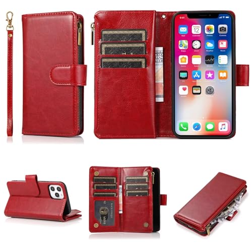 MBSLFY Handyhülle für iPhone 13,Flip Case Lederhülle Reißverschluss Magnetverschluss Brieftasche mit 9 Kartenfächern, Flip Case Klappbar Stoßfeste Hülle, Rot von MBSLFY