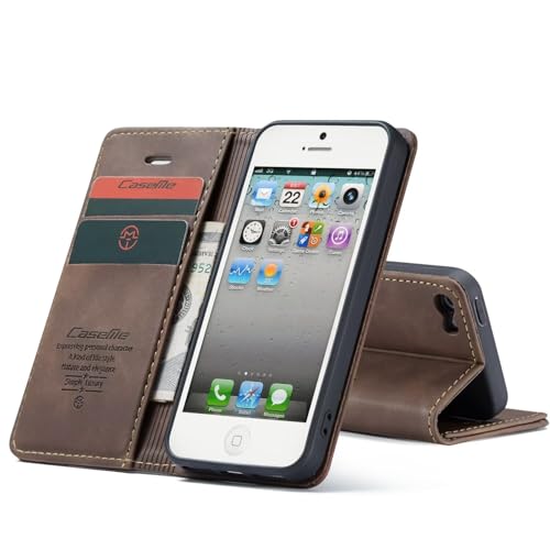 MBSLFY Handyhülle für iPhone 5/5S/iPhone SE 2016 Hülle Leder Schutzhülle Case Klapphülle mit [2 Stück] Panzerglasfolie Schutzfolie für iPhone 5/5S/iPhone SE 2016, Kaffee von MBSLFY