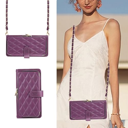 MBSLFY Handyhülle iPhone 14 Pro Hülle mit Band, Handykette Case Klappbar, Leder Klapphülle Handykette Flip 9-Karten Schutzhülle Magnet Handy Hülle mit Kette Umhängen (Tiefviolett) von MBSLFY