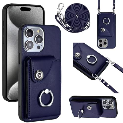 MBSLFY Handyhülle mit Band Kette für iPhone 14 Pro Max, Ständer Hülle mit RFID Kartenfach Kordel Schnur Umhängeband, Premium PU Leder + TPU Schutzhülle Lanyard Case, Blau von MBSLFY