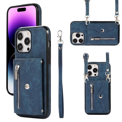 MBSLFY Hülle für iPhone 14 Pro Max, mit Kartenfächern Reißverschluss Magnetverschluss Brieftasche Flip Case Lederhülle Hülle [Abnehmbare Handschlaufe], Blau von MBSLFY