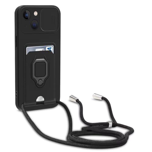 MBSLFY Schiebe Kameraschutz Silikon Handykette Hülle kompatibel mit iPhone 13, Metall Ring Halter Handy Cover,Verstellbarer Halskette Handyhülle,Schwarz von MBSLFY