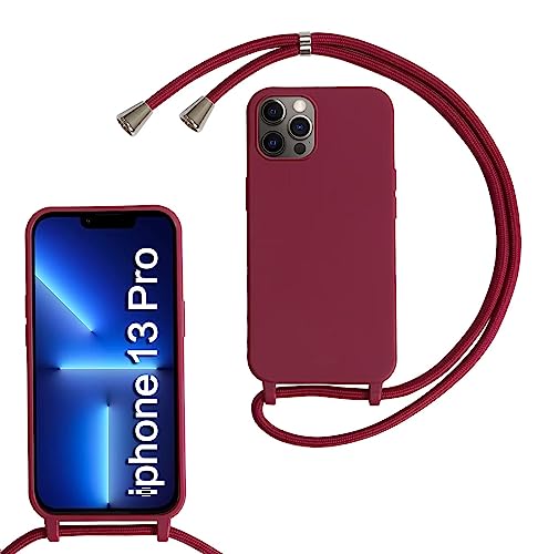 MBSLFY Silikon Handykette für iPhone 13 Pro Necklace Hülle mit Band, Verstellbarer Halskette Handyhülle, Handyhülle für zum Umhängen, Case mit Schnur, Rot von MBSLFY