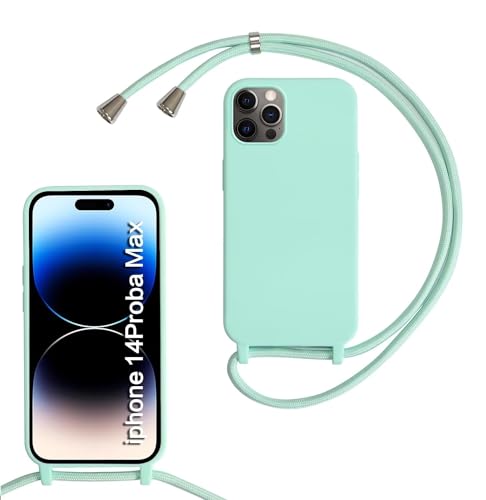 MBSLFY Silikon Handykette für iPhone 14 Pro Max Necklace Hülle mit Band, Verstellbarer Halskette Handyhülle, Handyhülle für zum Umhängen, Case mit Schnur, Minz grün von MBSLFY