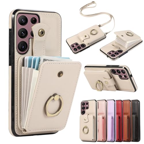 MBSLFY für iPhone 13 Pro Handyhülle, Flip Case Lederhülle Magnetverschluss Brieftasche, Hülle Ring-Ständer Kartenschlitze Standfunktion Modische Tasche - Beige von MBSLFY