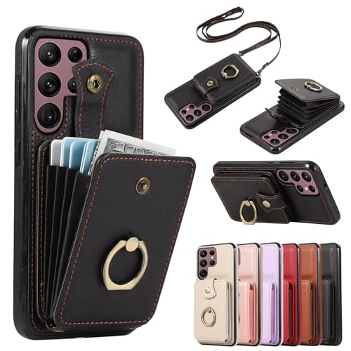 MBSLFY für iPhone 14 Pro Max Handyhülle, Flip Case Lederhülle Magnetverschluss Brieftasche, Hülle Ring-Ständer Kartenschlitze Standfunktion Modische Tasche - Schwarz von MBSLFY