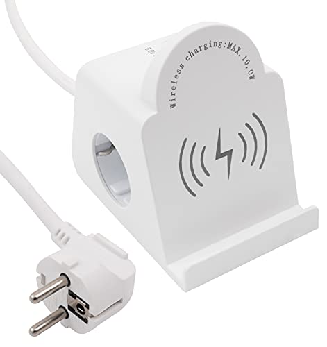 MC POWER - Tischsteckdose mit Smartphone-Halterung QI Ladegerät | BW-02 | Mehrfachsteckdose für Schreibtisch mit Handyhalter + induktives laden 2x Steckdose, 3x USB von McPower