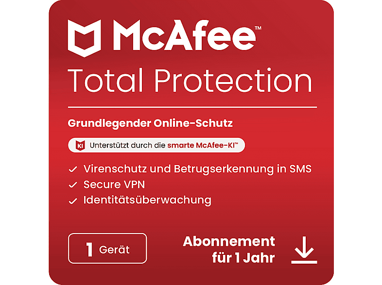 McAfee® Total Protection, Antivirus- und Internet-Sicherheitssoftware, 1 Gerät (Windows®/Mac®/Android/iOS), 1-Jahres-Abonnement - [Multiplattform] von MCAFEE