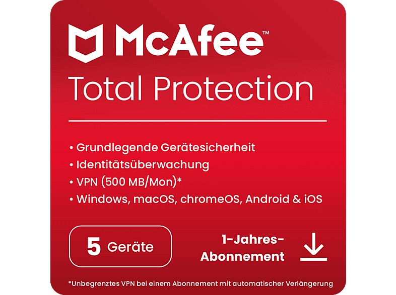 McAfee® Total Protection, Antivirus- und Internet-Sicherheitssoftware, 5 Geräte (Windows®/Mac®/Android/iOS), 1 Jahr, Download Code - [Multiplattform] von MCAFEE