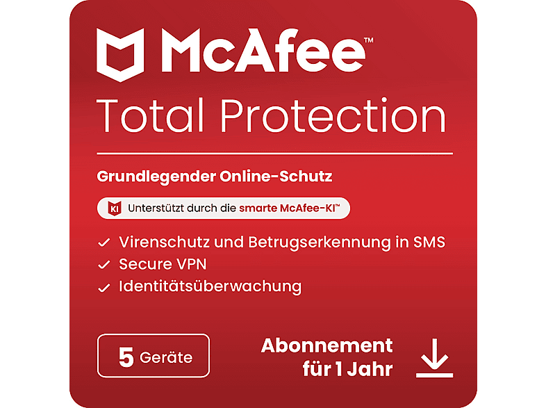 McAfee® Total Protection, Antivirus- und Internet-Sicherheitssoftware, 5 Geräte (Windows®/Mac®/Android/iOS), 1 Jahr, Download Code - [Multiplattform] von MCAFEE