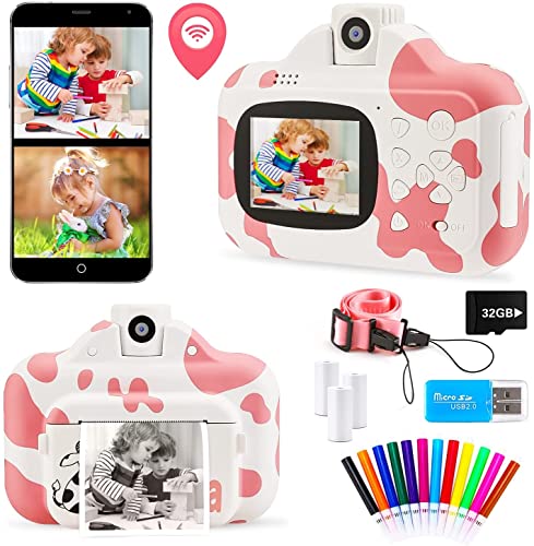 Sofortbildkamera für Kinder WiFi Zero Ink 32 GB 1080p Video Digital 12 MP Selfie-Kamera für Mädchen Digitalkamera mit Dual-Kameraobjektiv für Kinder Olor Pens Print Papers Lanyard (Rosa) von MCCKLE