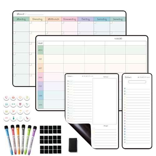 MCCORL Magnetisch Wochenplaner+Monatsplaner+Tagesplaner/Stundenplaner+To Do Liste/Einkaufsliste abwischbar, Magnettafeln für Kühlschrank, perfect als Familienplaner und Haushaltsplaner (4 Stücke) von MCCORL