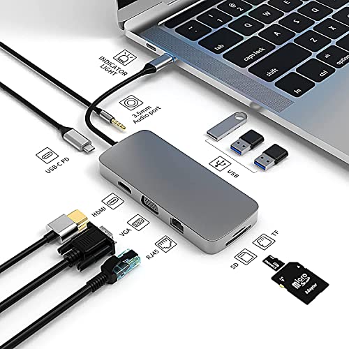 Multiport USB C Hub, 10 in 1 Typ C Multiport Adapter mit Ethernet, 4K HDMI, VGA, 3 USB, 100W PD, Audio, USB-C Datenanschluss und SD&TF Dockingstation für MacBookPro/Air (10-in-1) von MCZTO