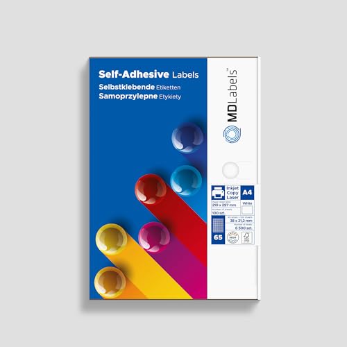 MDlabels Universal Etiketten DIN A4-38x21,2mm, 6500 Etiketten - Mattes Papier Klebeetiketten– bedruckbare - Weiß- von MD Labels