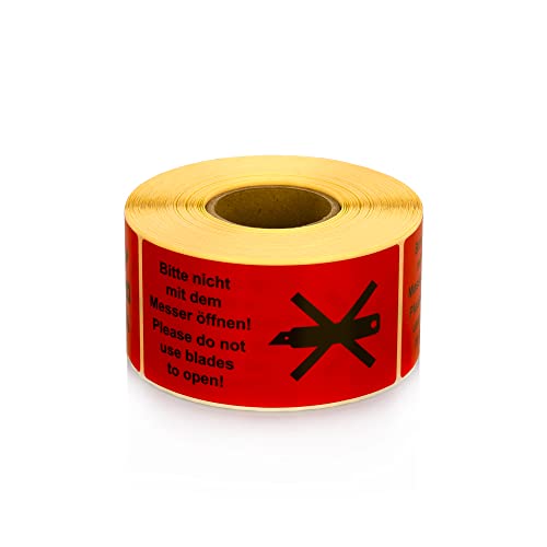 MD Labels Warnetiketten auf rolle 100x50mm 500 Stück Bitte nicht mit dem Messer öffnen!- Please do not use blades to open! -Versandaufkleber - Versandhinweis Haftetiketten von MD Labels