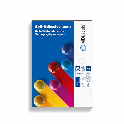 MD Labels Wetterfeste Folienetiketten din A4 210x297 mm 25 Etiketten auf 25 Blätter- Weiß – bedruckbare für Laserdrucker- Klebeetiketten- Aufkleber aus Folie von MD Labels