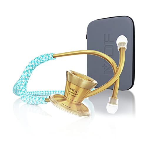MDFProCardial Kardiologie-Stethoskop, Leichtgewicht Titan, Erwachsene, Doppelkopf, lila Glitzerschlauch, GOLD Brustst¸ck-Kopfhörer, MDF797TBAK+ MDF Reiseetui von MDF Instruments