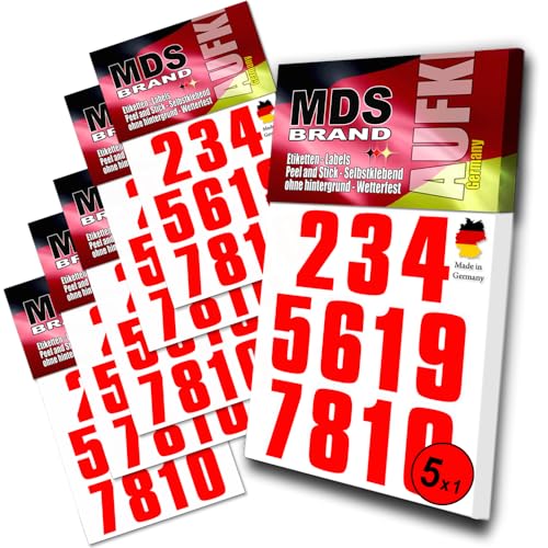MDS Brand 5cm Zahlen Aufkleber Rot | Selbstklebende Klebezahlen | Vinyl Hausnummern zum Aufkleben für Briefkasten, Mülltonnen, Hausnummer für Außen & Innen 5xpk (Rot) von MDS Brand